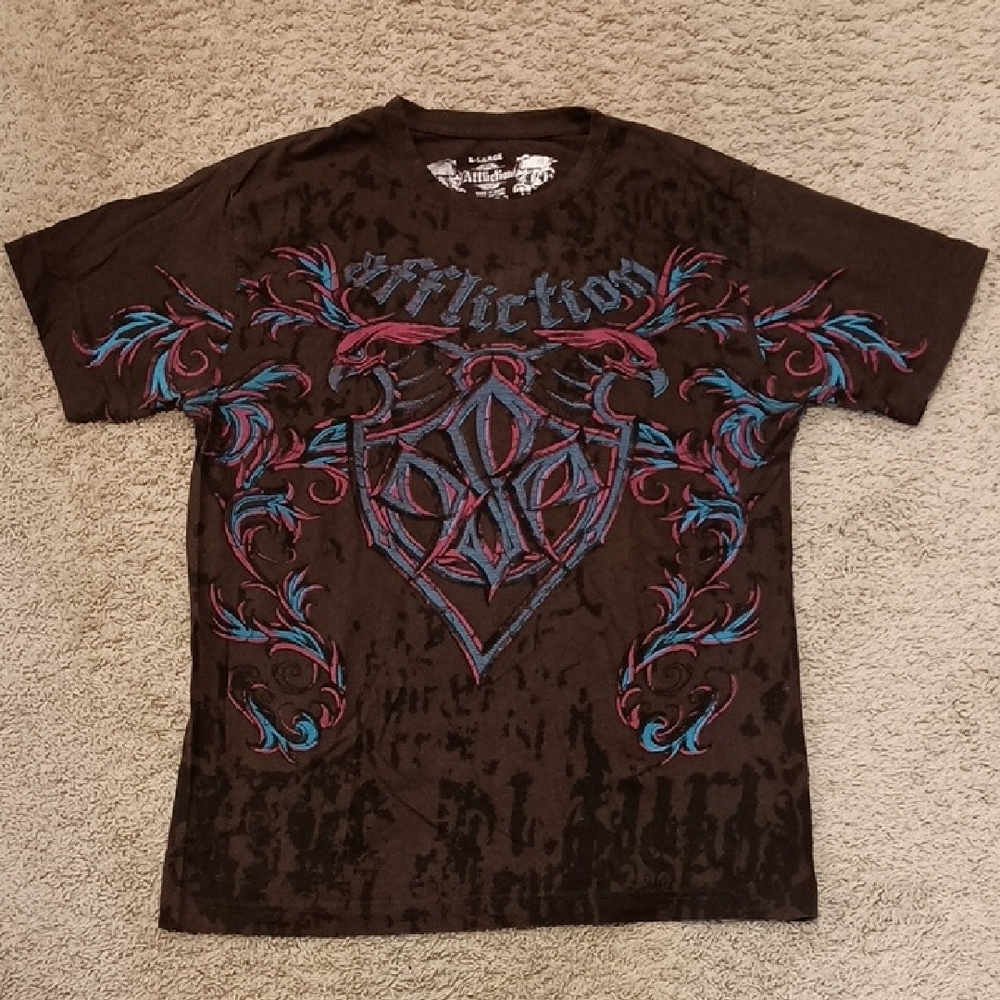 Affliction Black and Blue Short Sleeve Tee with Ornate Patterns